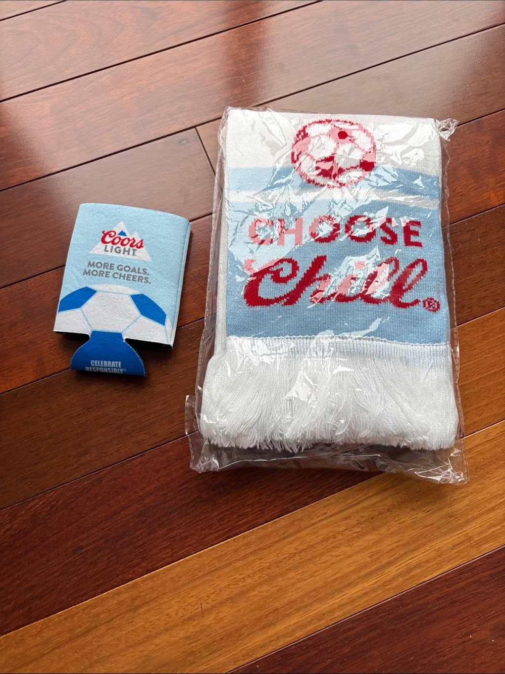 Coors Light Choose Chill Knit Scarf — White and Light Blue, and koozie